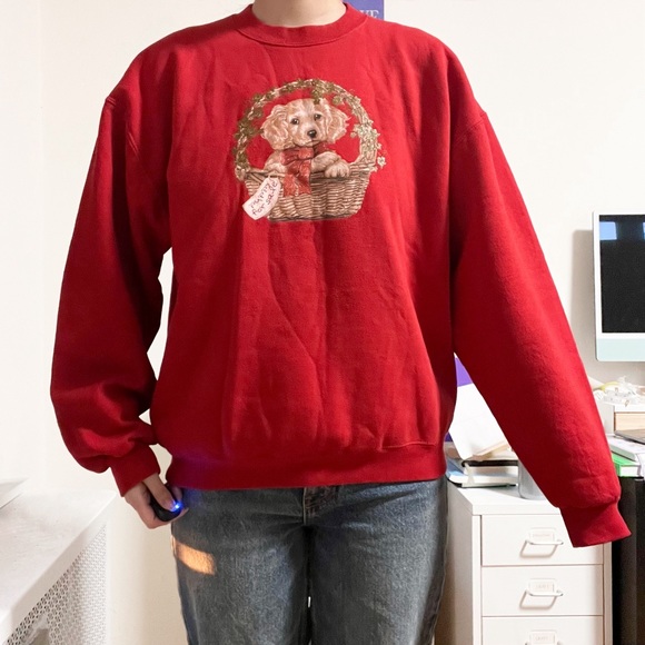 Vintage 90s Y2k Cottagecore Puppy Christmas Red Sweatshirt - Picture 3 of 5